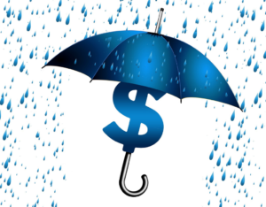 A blue umbrella and a dollar sign inside with raining effects