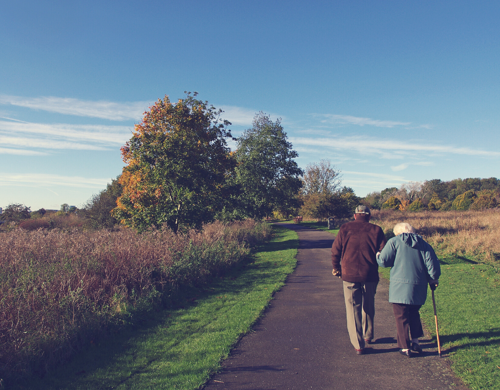 Old couple walking in a rural area