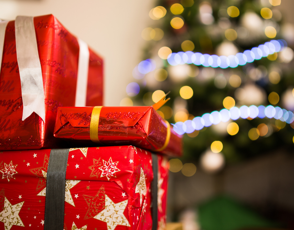 3 Red covered Christmas present boxes