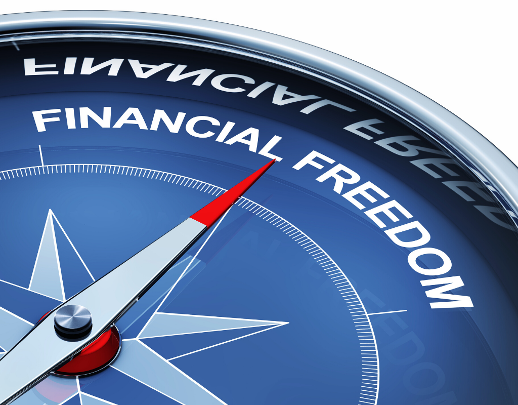 3D rendering of a compass with the words financial freedom